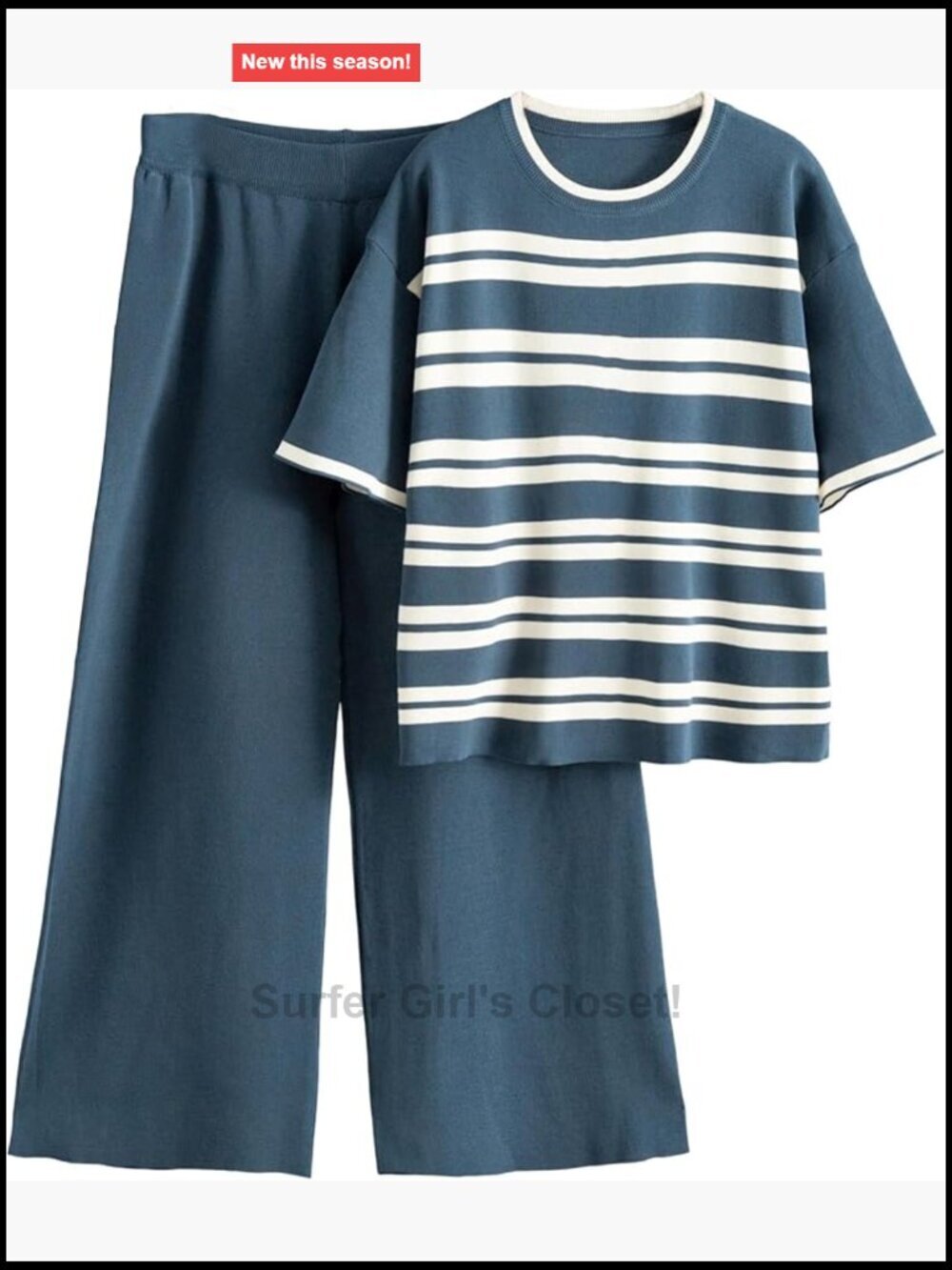 Womens 2 Piece Knit Lounge Set Striped Short Sleeve Top Wide Leg Pants Travel